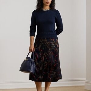 Navy Pleated Midi Skirt with Abstract Chain Print From Ralph Lauren